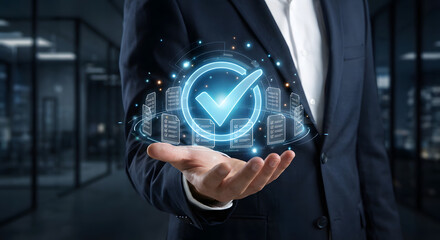 Businessman holding virtual checkmark