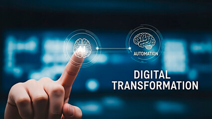Digital Transformation concept using a finger touching the brain icon.