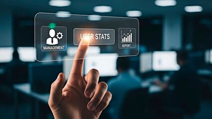Person interacting with digital user stats for the concept of technology and data analysis.