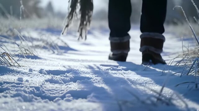 Close Low Tracking Shot Winter Shoes Walking Across Snowy Meadow