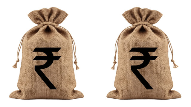 Two burlap bags with indian rupee symbol on each bag isolated on transparent background
