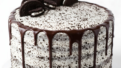 Delicious Oreo cake with chocolate drizzle and cookies on top