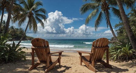 tropical beach with adirondack chairs and turquoise ocean under a dramatic sky