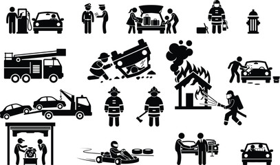 Icons representing vehicle services, transportation, emergency response, and accidents