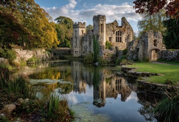 Obraz premium Ancient castle ruins reflected in calm water, surrounded by vibrant autumn trees