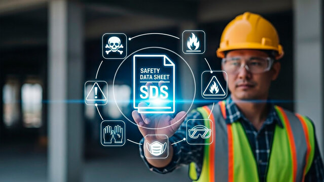 Construction worker holding a digital SDS document and safety icons for concept of safety and construction site.