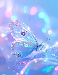 Fototapeta premium Opalescent butterfly rests on iridescent, flowing fabric with glittering bokeh lights in a dreamy blue and pink palette