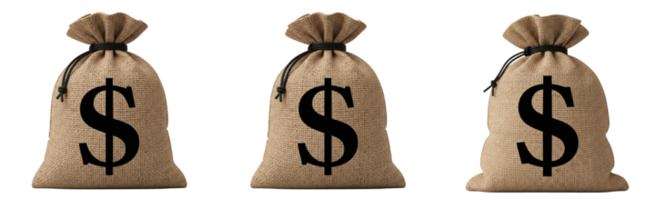 Three money bags with dollar signs on them isolated on transparent background