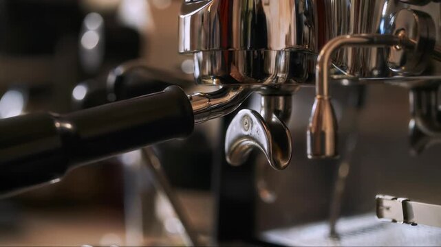 Close up shot of unrecognizable barista using professional portafilter coffee machine to make espresso