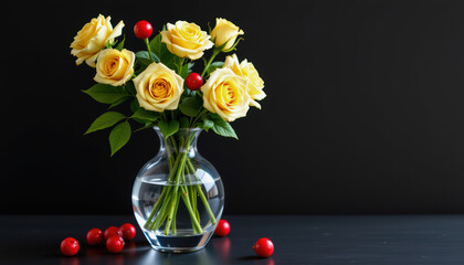 Elegant yellow roses in vase with red berries minimalist style studio setting floral arrangement artistic concept
