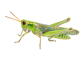 Green grasshopper with intricate wing patterns and segmented body isolated on a transparent background