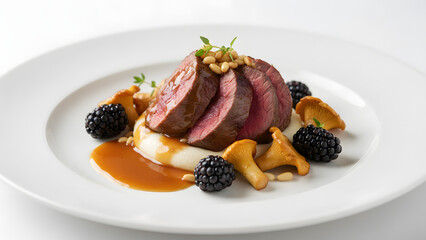 Delicious sliced steak with blackberries and mushrooms on plate