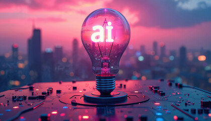 Glowing light bulb with AI text sits on circuit board overlooking city at sunset. Technology, innovation, and artificial intelligence concept for future urban development and smart ideas.