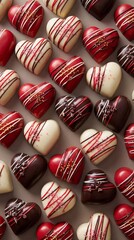 Valentines Day Heart Shaped Chocolates with Red and White Decorations in Flat Lay Pattern, Romantic Love Dessert Background for Couples and Gift Concept. Vertical bg