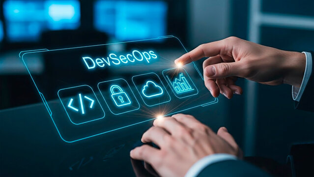 The DevSecOps concept is shown by hand touching digital display. - Powered by Adobe