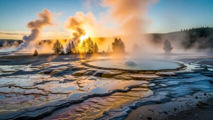 A serene landscape of a hot spring at sunrise with steam rising from the water