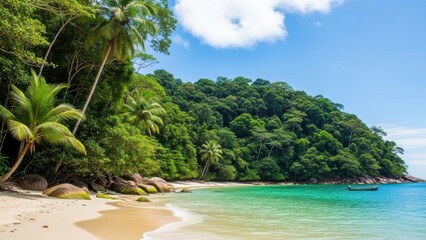 A serene tropical beach with palm trees and a boat in the turquoise ocean