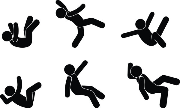 A collection of black stick figure icons showing different stages of falling and tumbling
