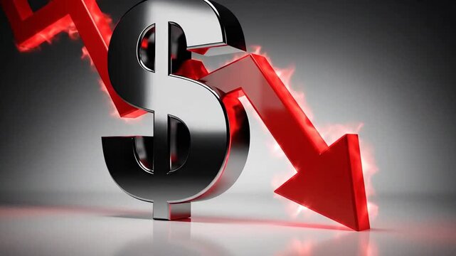 Metallic Dollar Symbol And Red Downward Arrow Reflecting On Glossy Surface With Dark Background