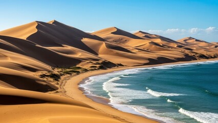 A serene beach with sand dunes meeting the ocean under a clear blue sky