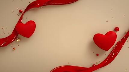 Red Heart Shapes With Red Ribbon and Gold Sparkles on Beige Background