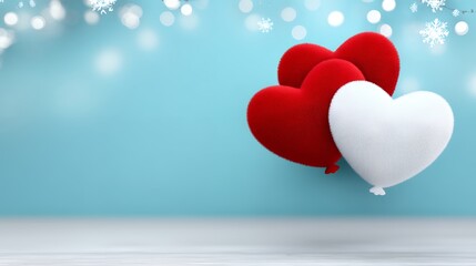 Three Fluffy Heart Shaped Objects Red and White Against a Soft Blue Snowy Background with Bokeh Lights
