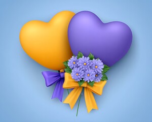 Two Heart Shaped Balloons Orange And Purple Tied With Bows And Flowers On Blue Background