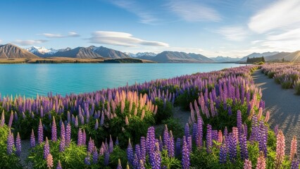 A serene landscape of purple and pink lupine flowers by a tranquil lake with mountains in the background