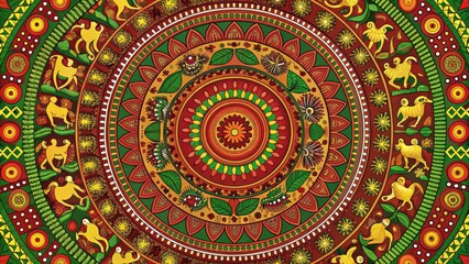 Vibrant Circular Design Featuring Intricate Floral Patterns and Stylized Animal Figures in a Rich Tapestry of Red, Green, and Gold Hues
