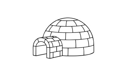Vector outlines illustration of igloo built from light blue ice blocks with arched entrance and chimney. Isolated on transparent background. 