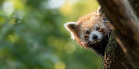 Obraz premium Red panda climbs tree in a natural setting during daylight hours