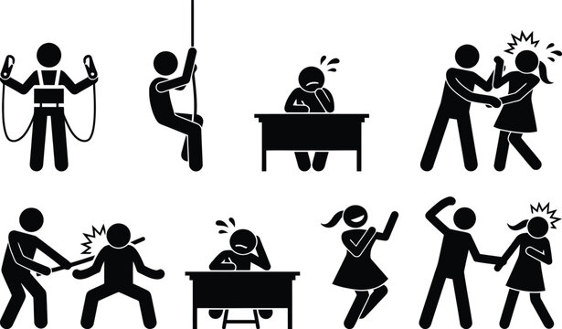 A collection of pictograms showing human actions, emotions, safety, and conflict scenarios