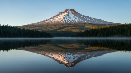 A serene mountain landscape with a snow-capped peak reflected in a calm lake surrounded by trees.