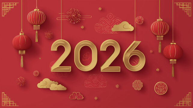 赤地に金色の装飾と提灯を配し、大きな2026で春節の華やぎを描く