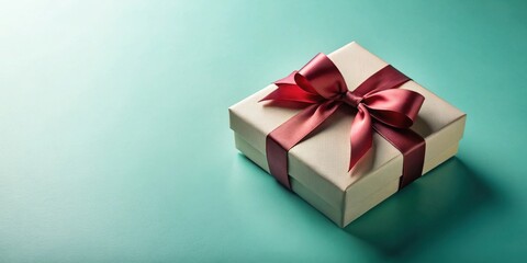 Obraz premium A luxuriously wrapped present with a delicate, maroon ribbon bow sits on a tranquil teal background, signifying a thoughtful gift