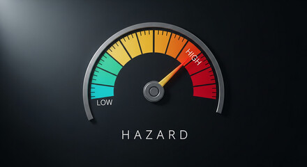 Gauge graphic with needle pointing to red zone labeled High, against dark backdrop, represents hazard assessment or risk measurement tool