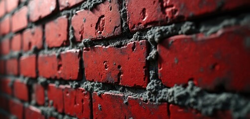 Close up view of weathered red brick wall with rough gray cement mortar joints. Surface shows imperfections, dirt and wear giving aged, textured, grunge appearance perfect for backgrounds.