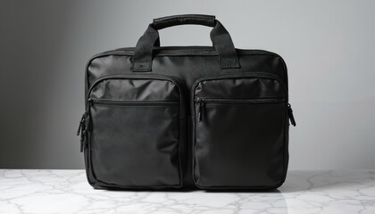 Black nylon laptop bag with front zipper pockets and handle. Modern business accessory for tech and travel needs. Durable, practical, sleek bag.