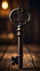 Ornate metal key stands upright on weathered wood, illuminated by a soft, warm light with blurred background