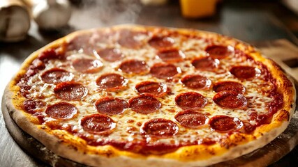 Enjoy a delicious pepperoni pizza with gooey cheese a rustic wooden board. Its perfect for family gatherings, elevating your dining experience with every bite, making it an unforgettable meal to share