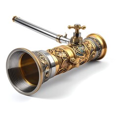 Ornate metal object; gold and silver, with detailed engraved patterns and a pipe protruding from its side
