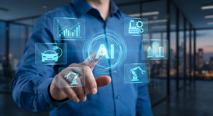 man touching ai interface with futuristic icons