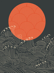 Japanese Abstract Wave Pattern with Rising Sun Background