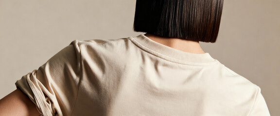 A woman in a casual beige top is seen from behind, highlighting her short, neatly styled dark hair.