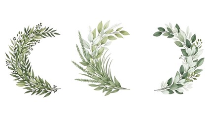 Obraz premium Watercolor green foliage and leaf wreaths for elegant botanical design
