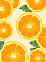 Seamless Orange Slice Pattern with Leaves on Light Background