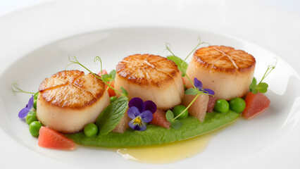 Scallops with vibrant vegetables and edible flowers on plate