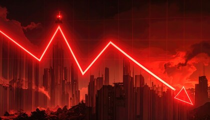 Economic downturn concept, depicting a red declining graph over city silhouette, symbolizing financial decline. It conveys the impact of a market crash