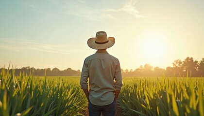 Fototapeta premium Man in straw hat stands in tall green field at sunset. Farmer looks over farmland ready for harvest. Rural landscape with crops, trees, and sky.