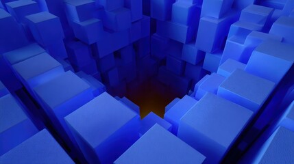 Abstract Blue Cubes Composition: A striking visual of a composition of blue cubes, evoking a sense of depth and geometric complexity, with a striking contrast in light.